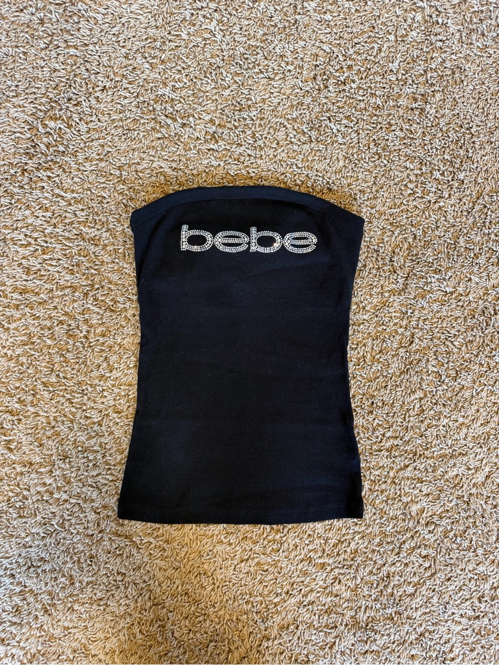 bebe Black Strapless Rhinestone Logo Tube Top